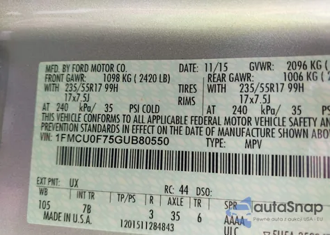 2016 Ford Escape S z USA, uszkodzony, nr VIN 1FMCU0F75GUB80550